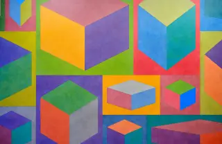 Colorful cube representations in the Sol Lewitt: A Wall Drawing Retrospective - exhibition